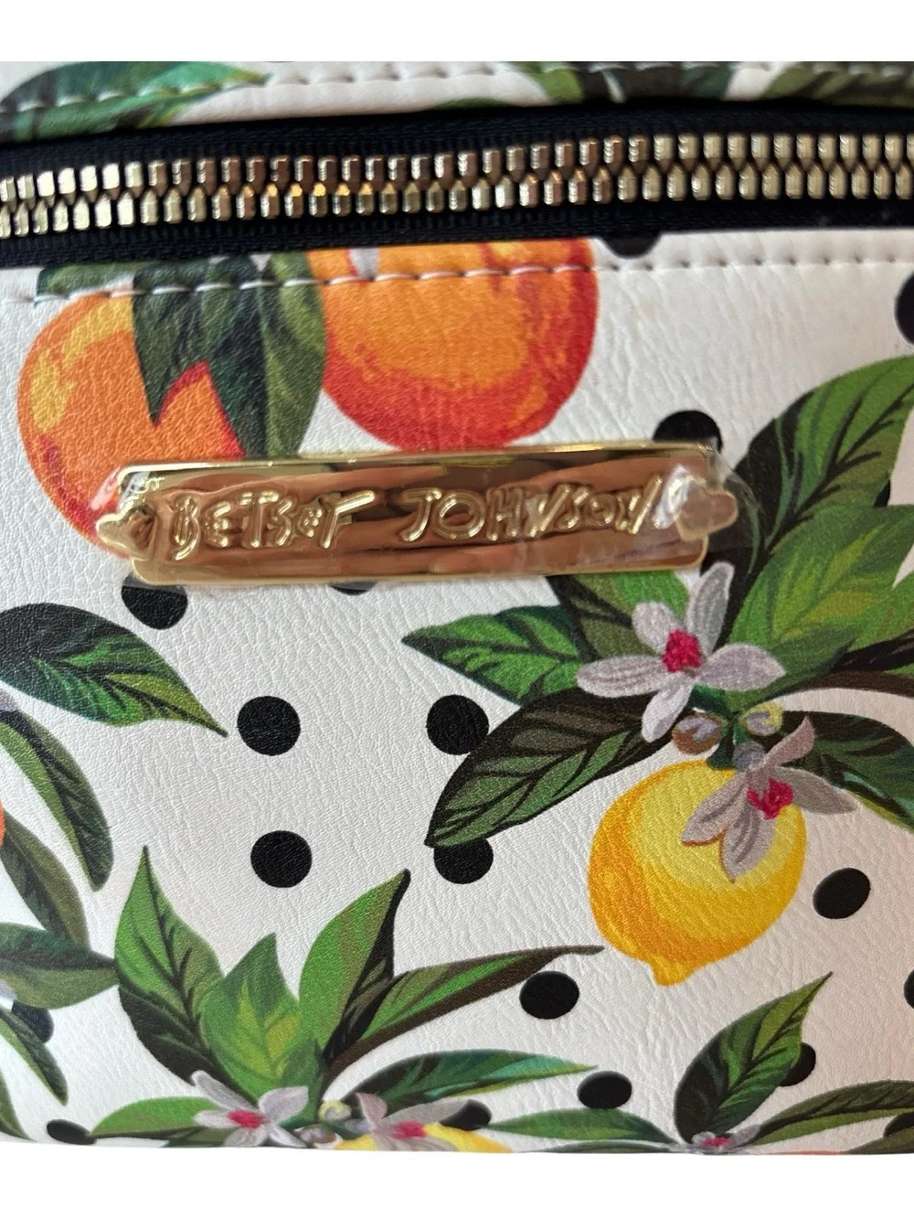 Betsey Johnson White Citrus Print Cosmetic Case with Black Trim